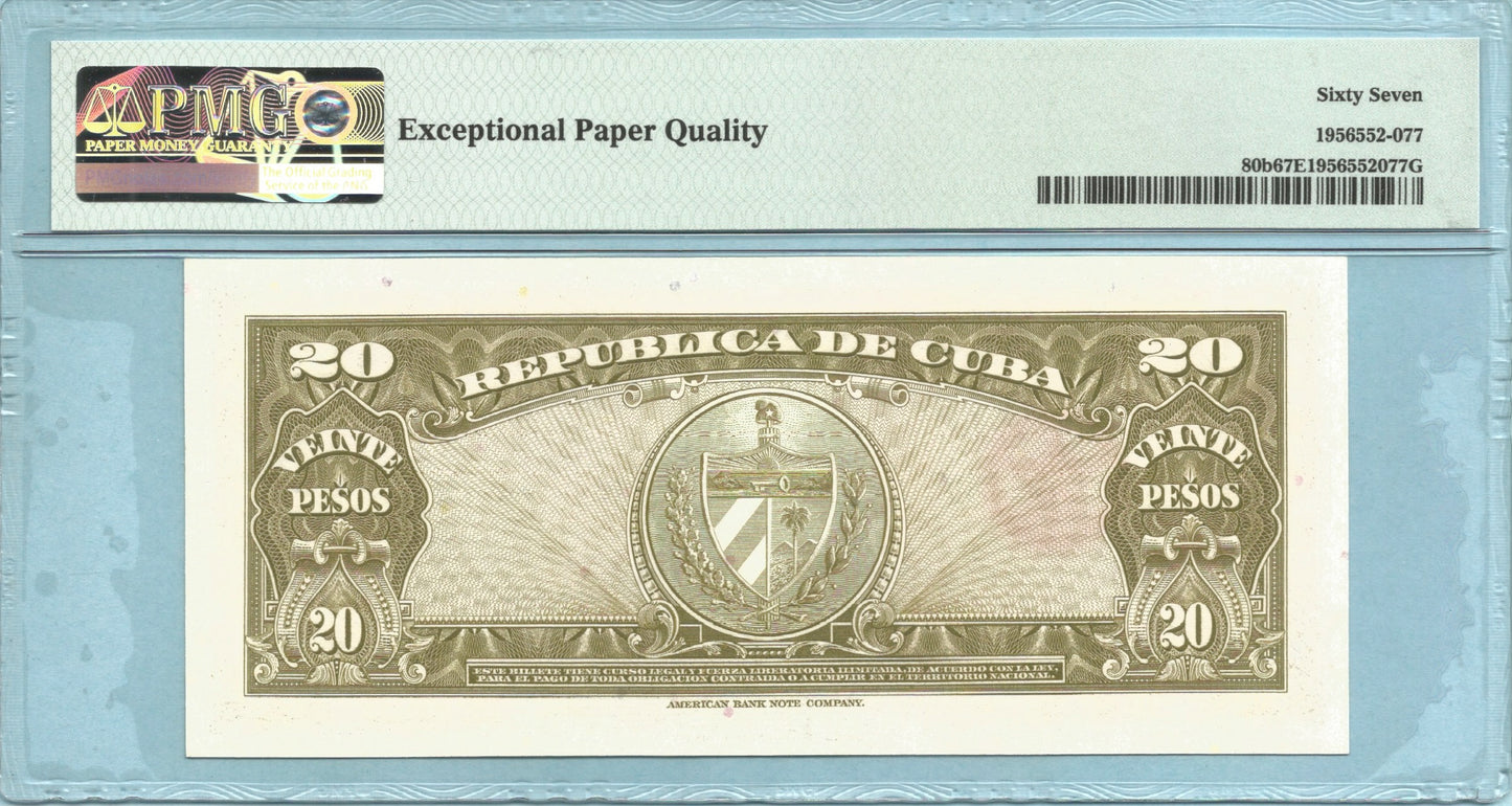 Cuba 20 Pesos - 1958 - P#80b - PMG 67 EPQ