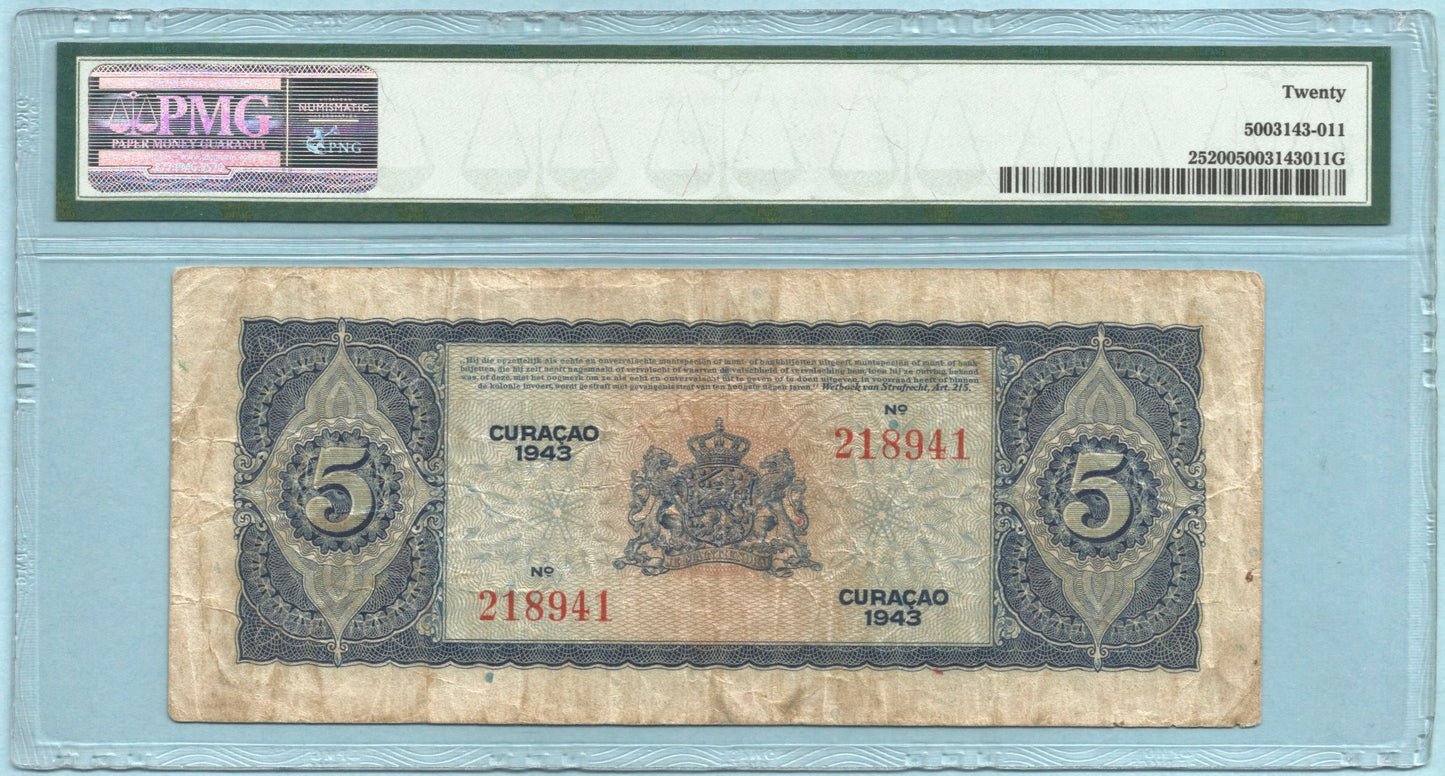 Curacao 5 Gulden - 1943 - P#25 - PMG 20