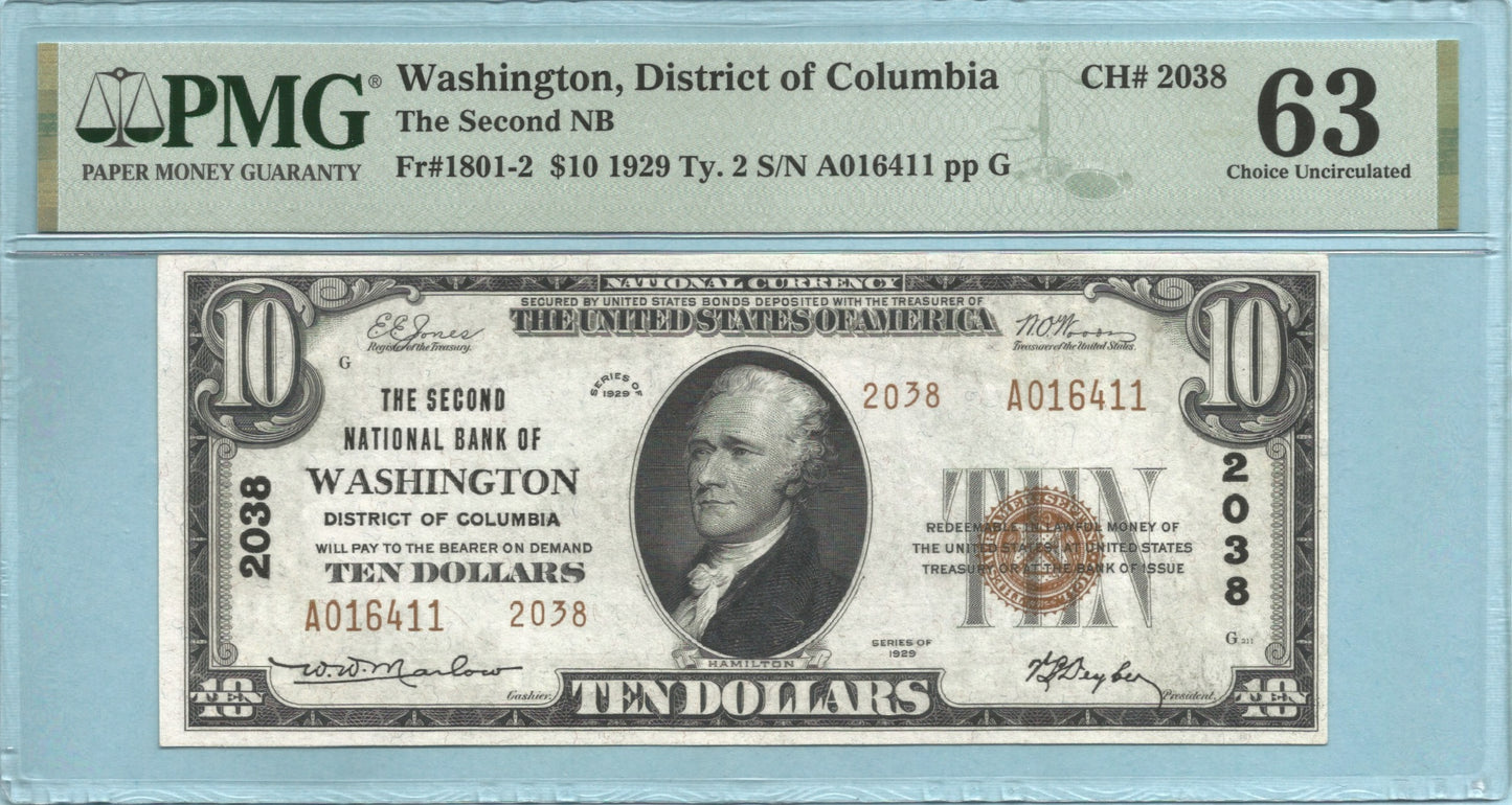 $10 National Currency - 1929-T2 - Ch#2038 - 2nd NB, Washington D.C. - PMG 63