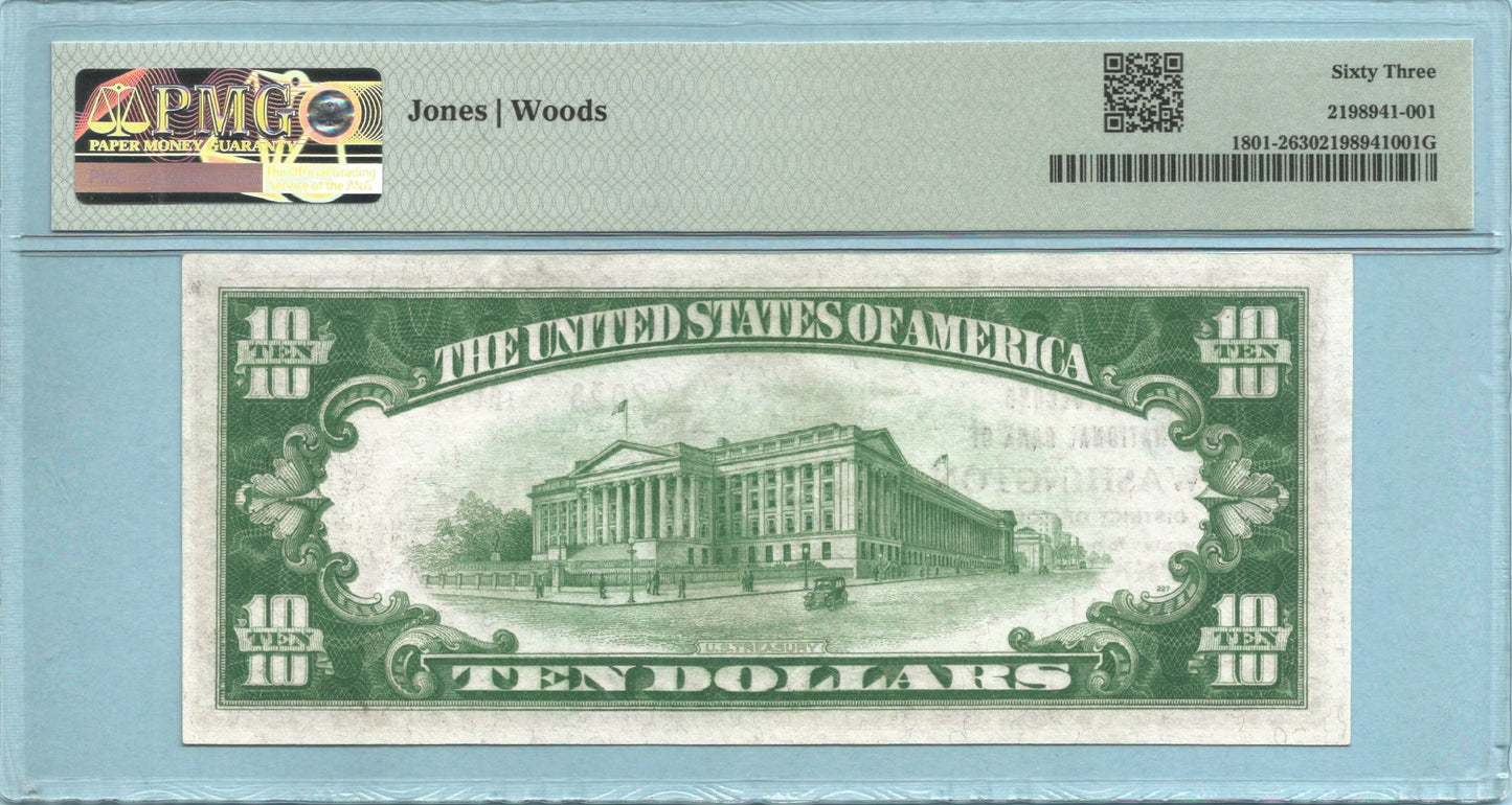 $10 National Currency - 1929-T2 - Ch#2038 - 2nd NB, Washington D.C. - PMG 63