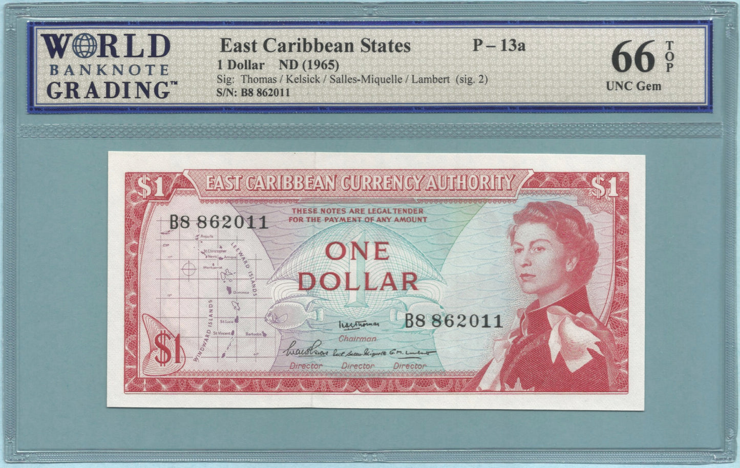 East Caribbean States Dollar - ND(1965) - P#13a - WBG 66 TOP