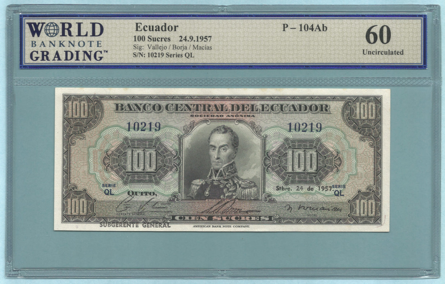 Ecuador 100 Sucres - 24.9.1957 - P#104Ab - WBG 60