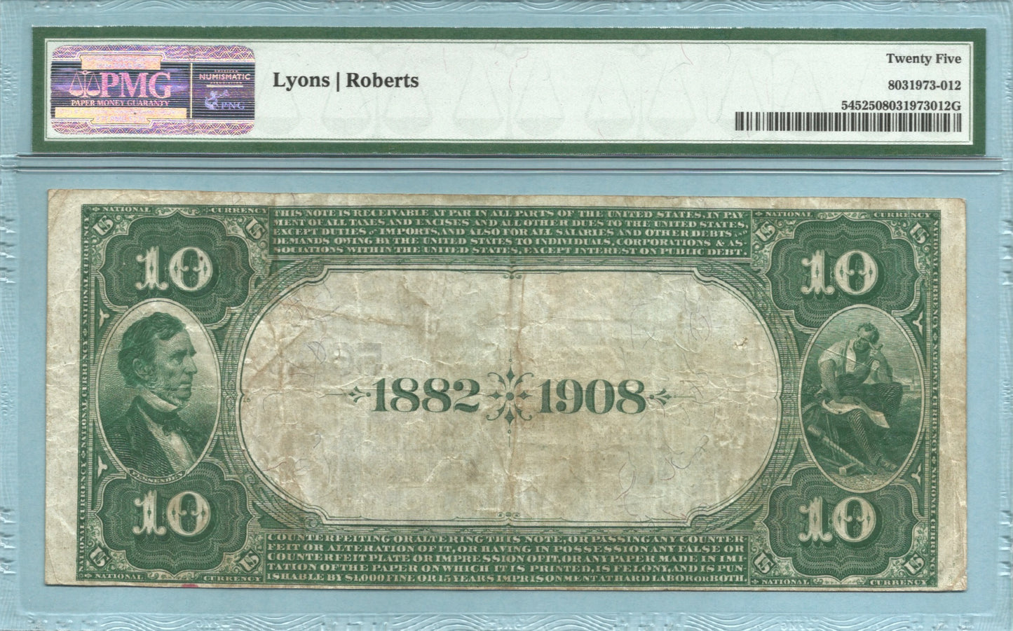 $10 National Currency 1882-DB Ch#5603 - American NB, Pensacola, FL - PMG 25