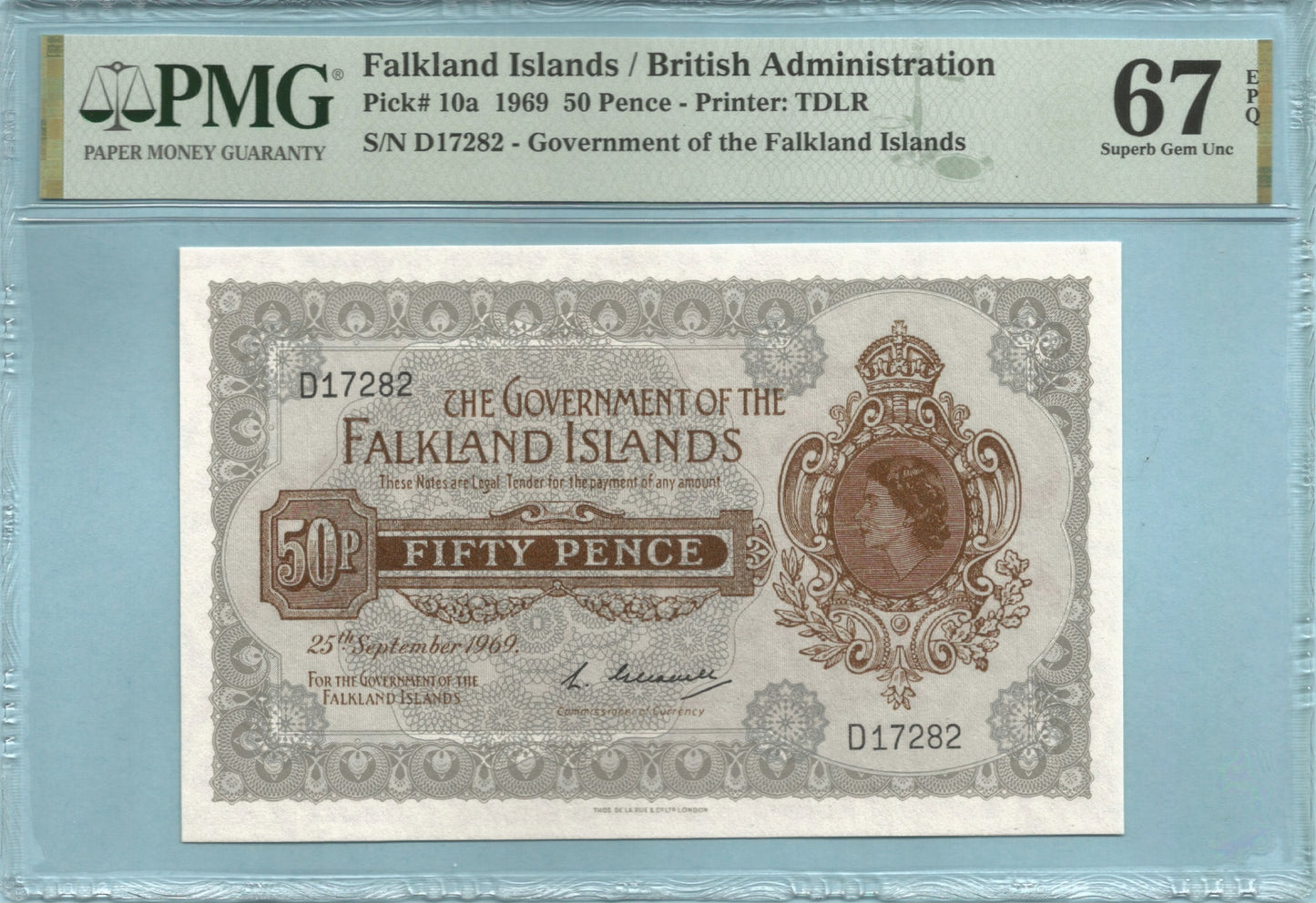 Falkland Islands 50 Pence - 25.9.1969 - P#10a - Banknote - PMG 67 EPQ