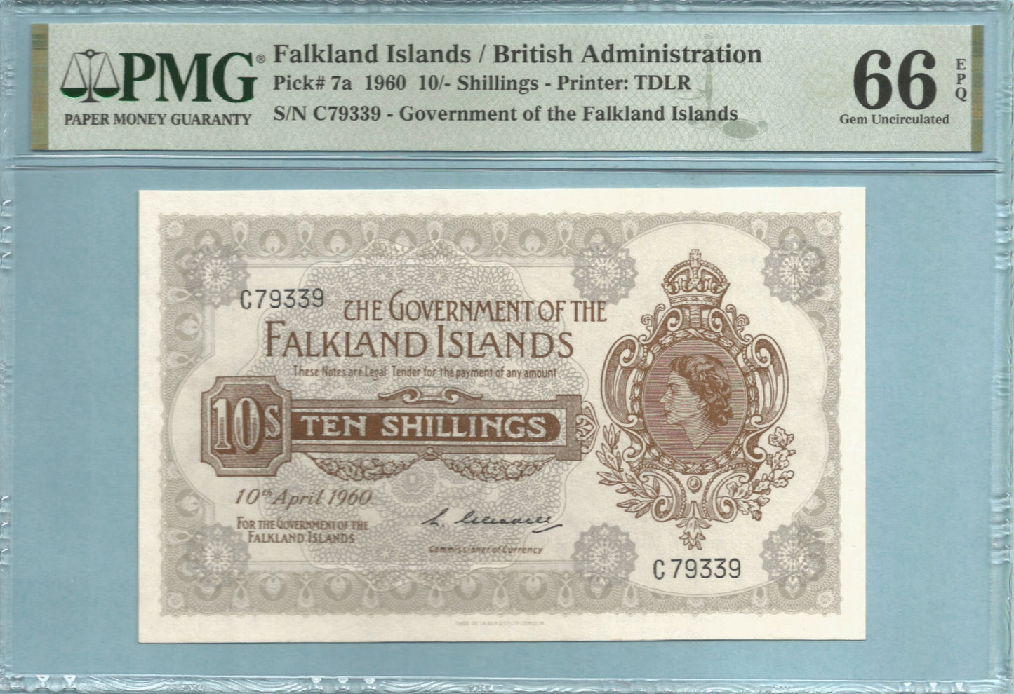 Falkland Islands 10 Shillings - 10.4.1960 - P#7a - PMG 66 EPQ