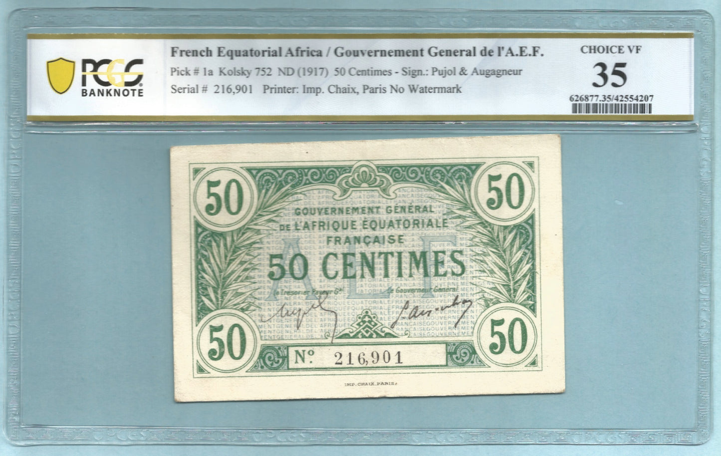 French Equatorial Africa 50 Centimes - ND(1917) - P#1a - PCGS 35