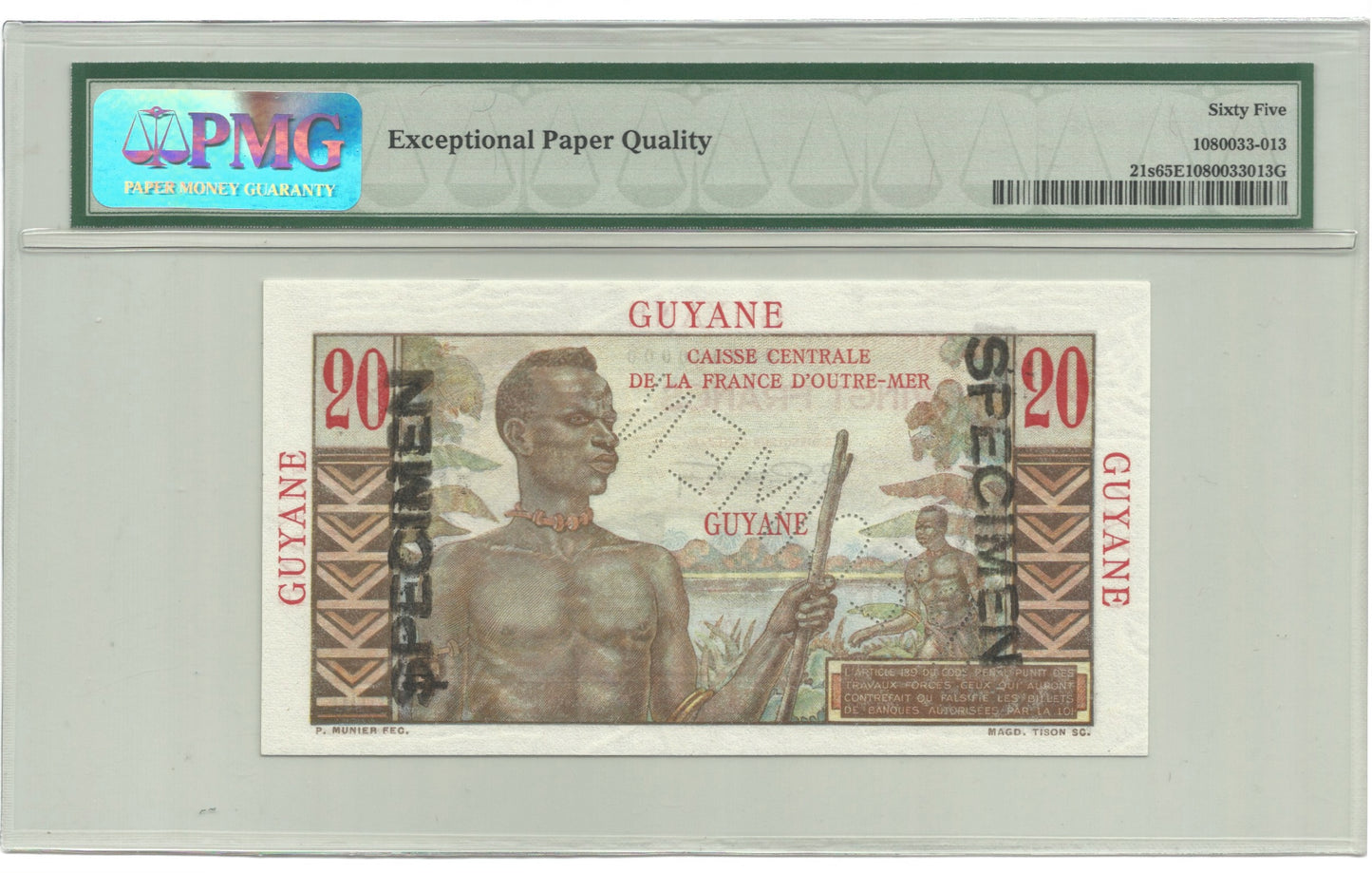 French Guiana 20 Francs ND(1947-49) - P#21s - SPECIMEN - PMG 65 EPQ