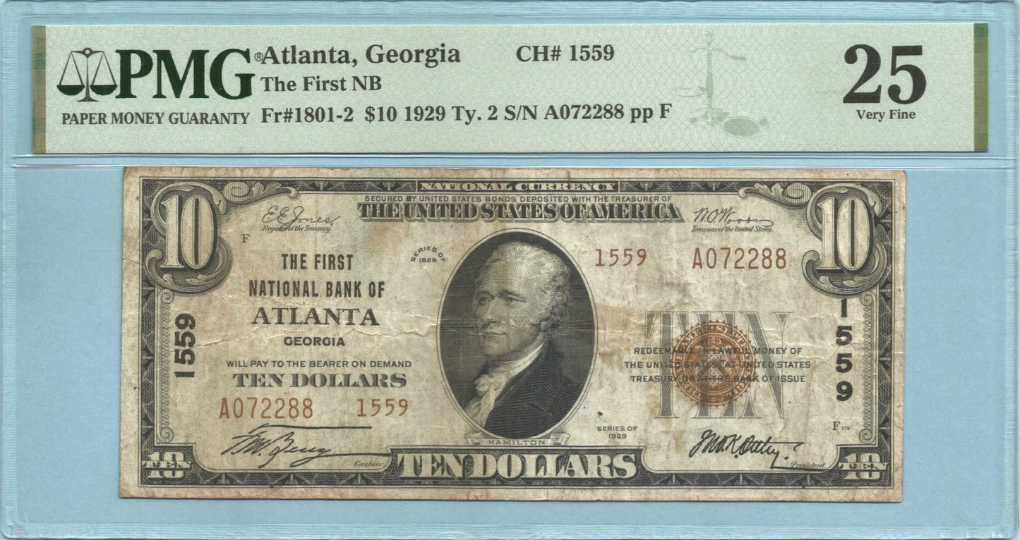 $10 National Currency 1929-T2 - Ch#1559 - 1st NB, Atlanta, GA - PMG 25