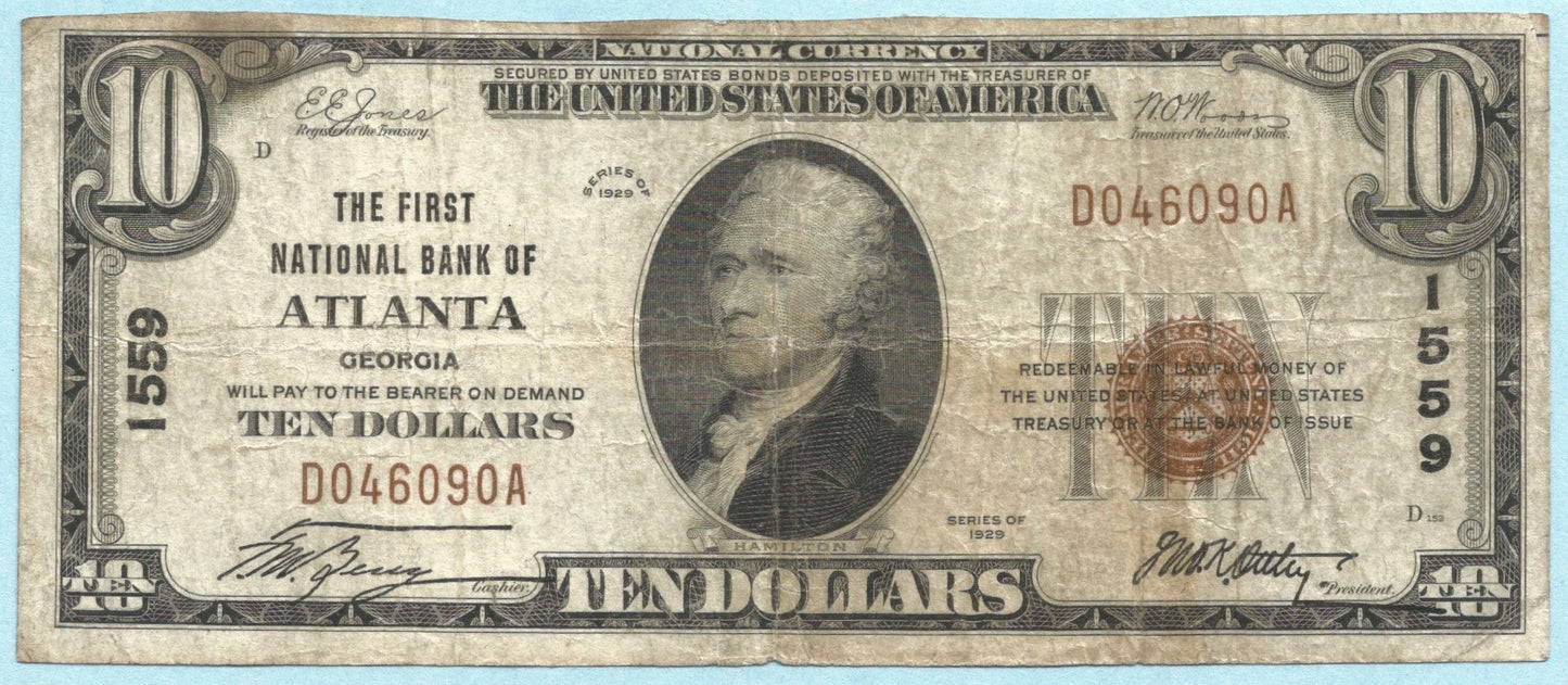 $10 National Currency 1929-T1 - Ch#1559 - 1st NB, Atlanta, GA - VF+