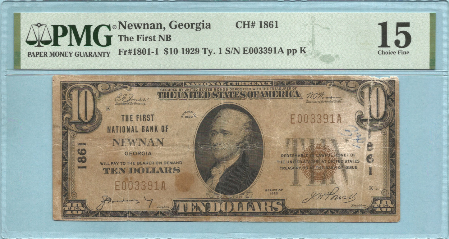 $10 National Currency 1929-T1 - Ch#1861 - 1st NB, Newman, GA - PMG 15