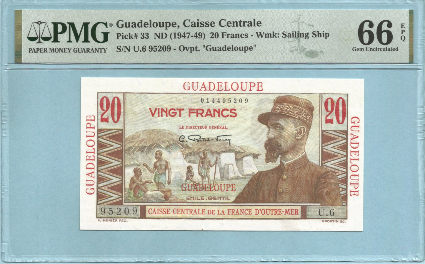 Guadeloupe 20 Francs ND(1947-49) - P#33 - PMG 66 EPQ