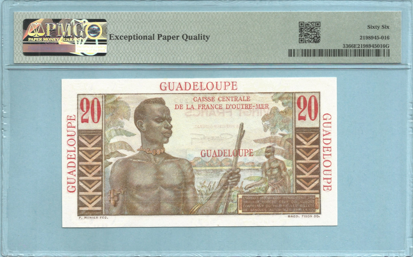 Guadeloupe 20 Francs ND(1947-49) - P#33 - PMG 66 EPQ