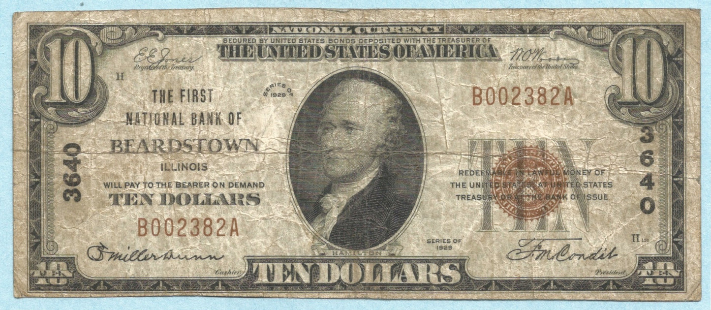 $10 National Currency 1929-T1 - Ch#3640 - 1st National Bank, Beardstown, IL - VF