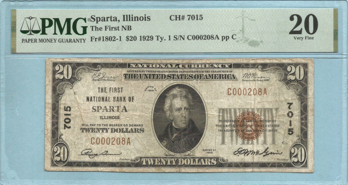$20 National Currency 1929-T1 Ch#7015 - 1st NB, Sparta, IL - PMG 20