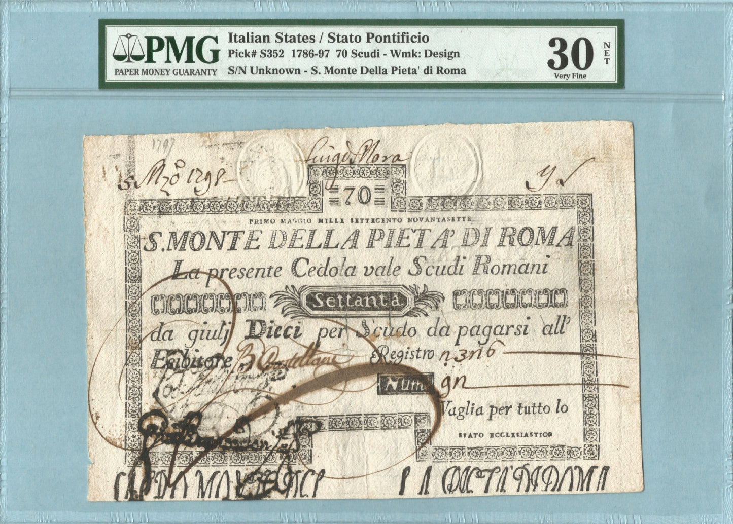 Italy - Stato Pontificio 70 Scudi - 1786-97 - P#S352 - PMG 30 NET - Previously Mounted, Ink Burn