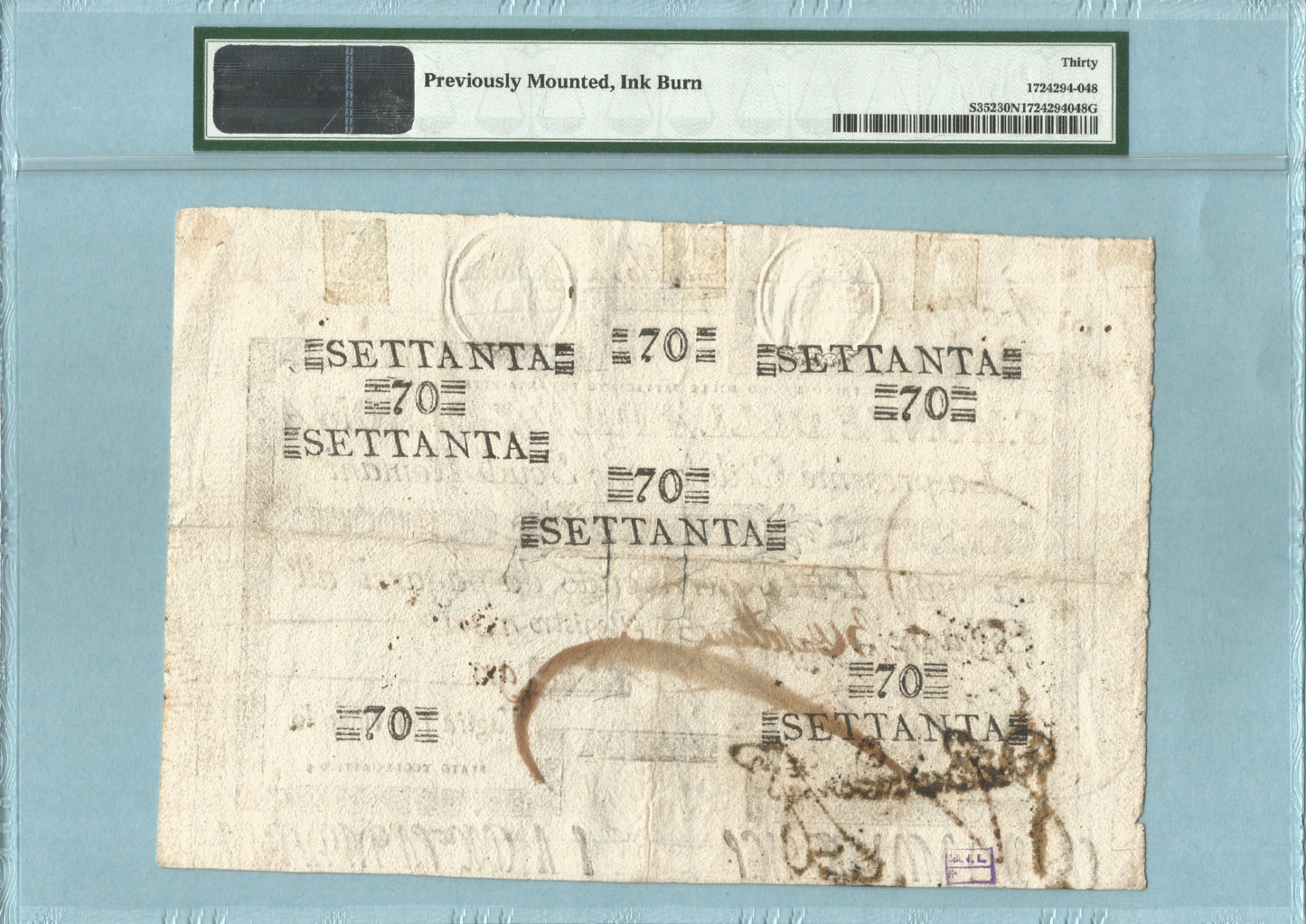 Italy - Stato Pontificio 70 Scudi - 1786-97 - P#S352 - PMG 30 NET - Previously Mounted, Ink Burn