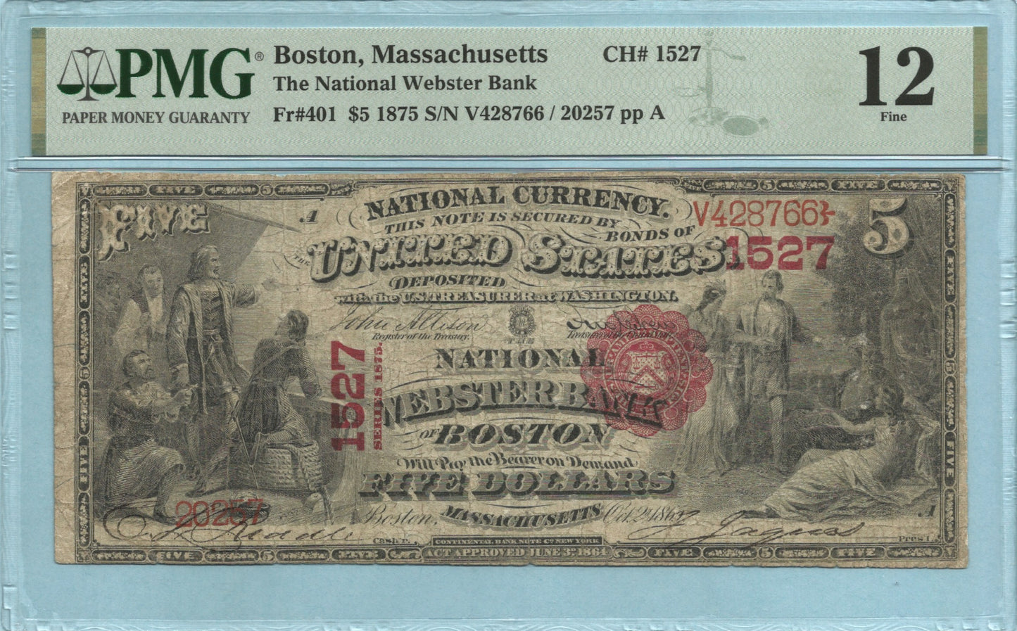 $5 National Currency 1875 Ch#1527 - Webster NB, Boston, MA - PMG 12