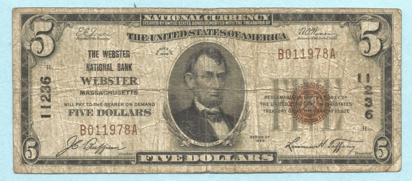 $5 National Currency 1929 - Type 1 - Ch#11236 - Webster NB, Webster, MA - Fine