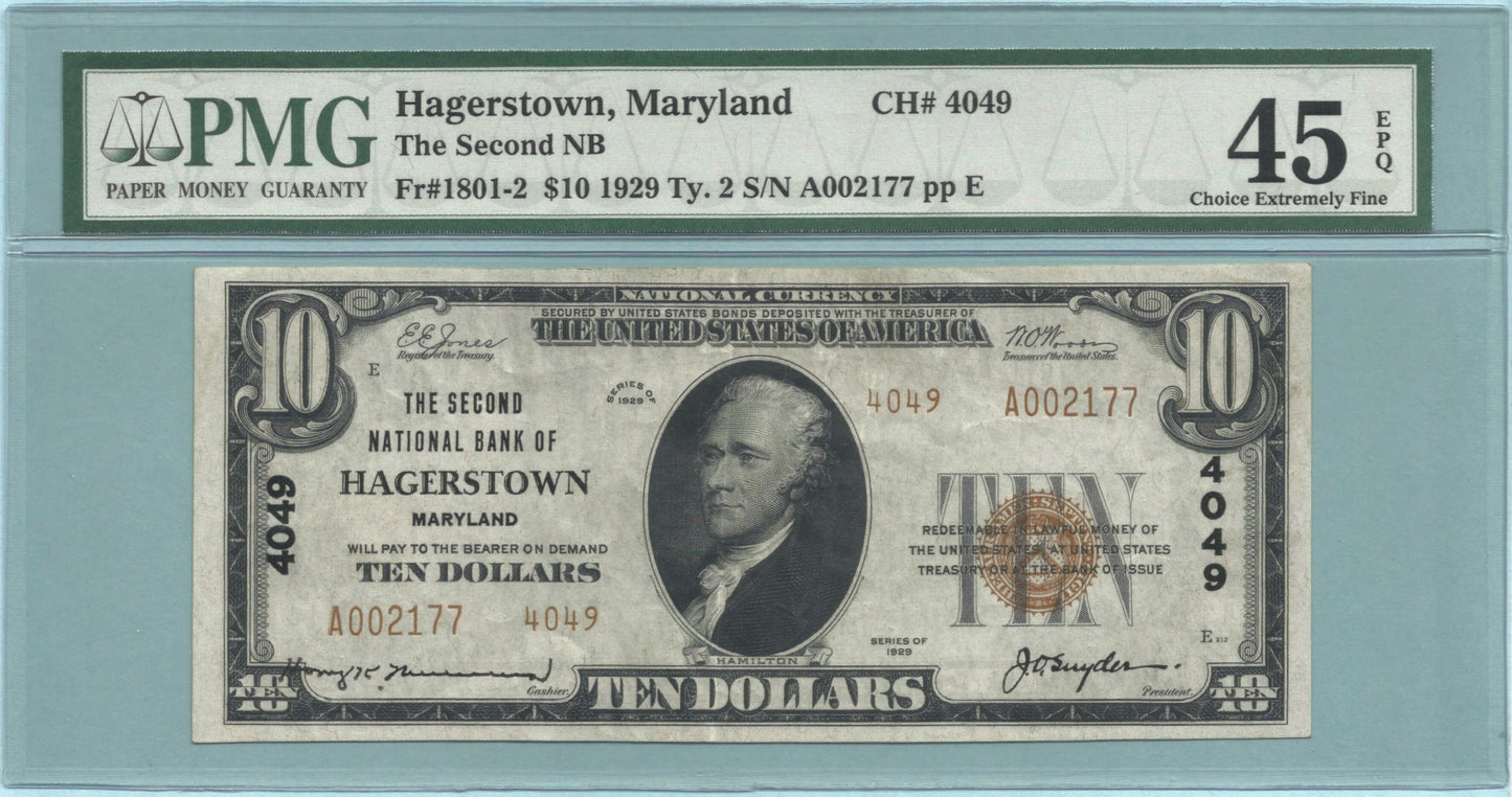 $10 National Currency 1929-T2 - Ch#4049 - 2nd NB, Hagerstown, MD - PMG 45 EPQ