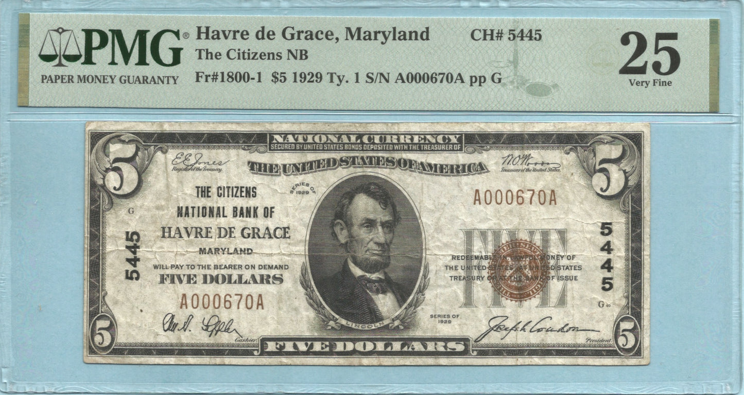 $5 National Currency 1929-T1 - Ch#5445 - Citizens NB, Havre De Grace, MD - PMG 25