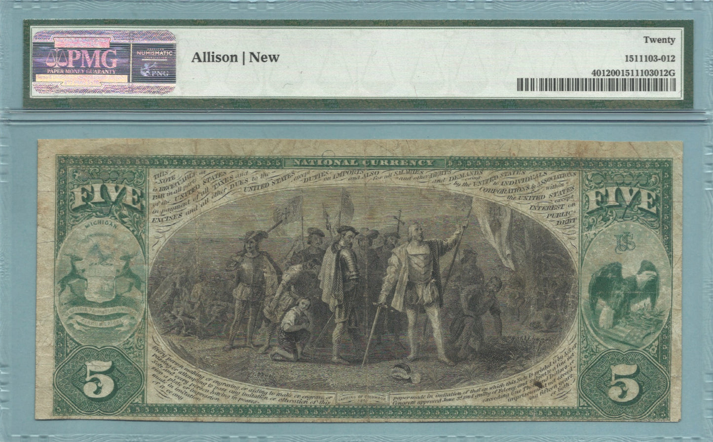 $5 National Currency 1875 Ch#1886 - Citizens NB, Niles, MI - PMG 20