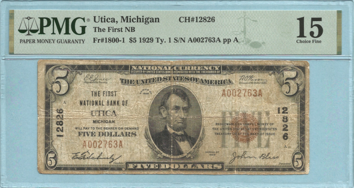 $5 National Currency 1929-T1 - Ch#12826 - 1st NB, Utica, MI - PMG 15