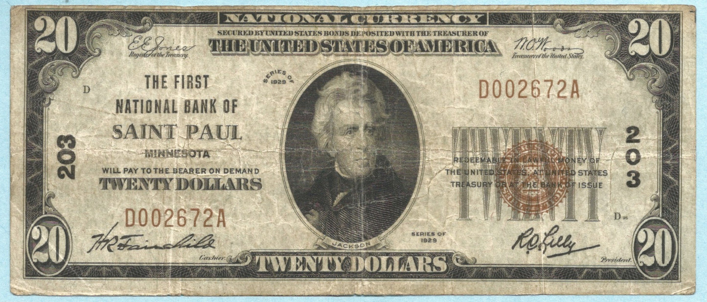 $20 National Currency 1929-T1 - Ch#203 - 1st NB, Saint Paul, MN - F+/VF