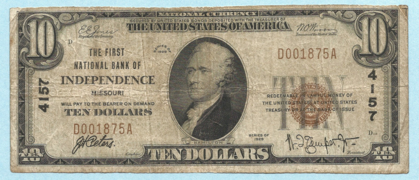 $10 National Currency 1929-T1 - Ch#4157 - 1st NB, Independence, MO - VF