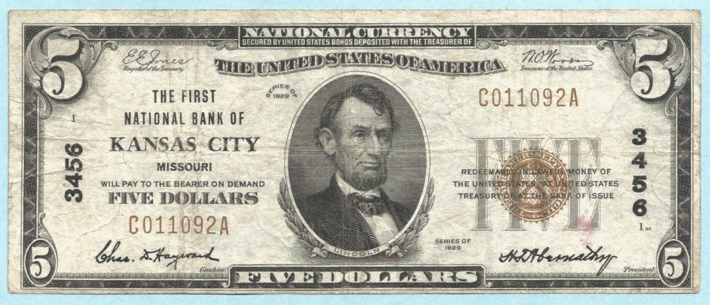 $5 National Currency 1929 T1 - Ch#3456 - 1st NB, Kansas City, MO - VF+