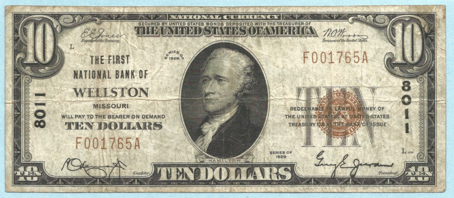 $10 National Currency 1929-T1 - Ch#8011 - 1st NB, Wellston, MO - VF+