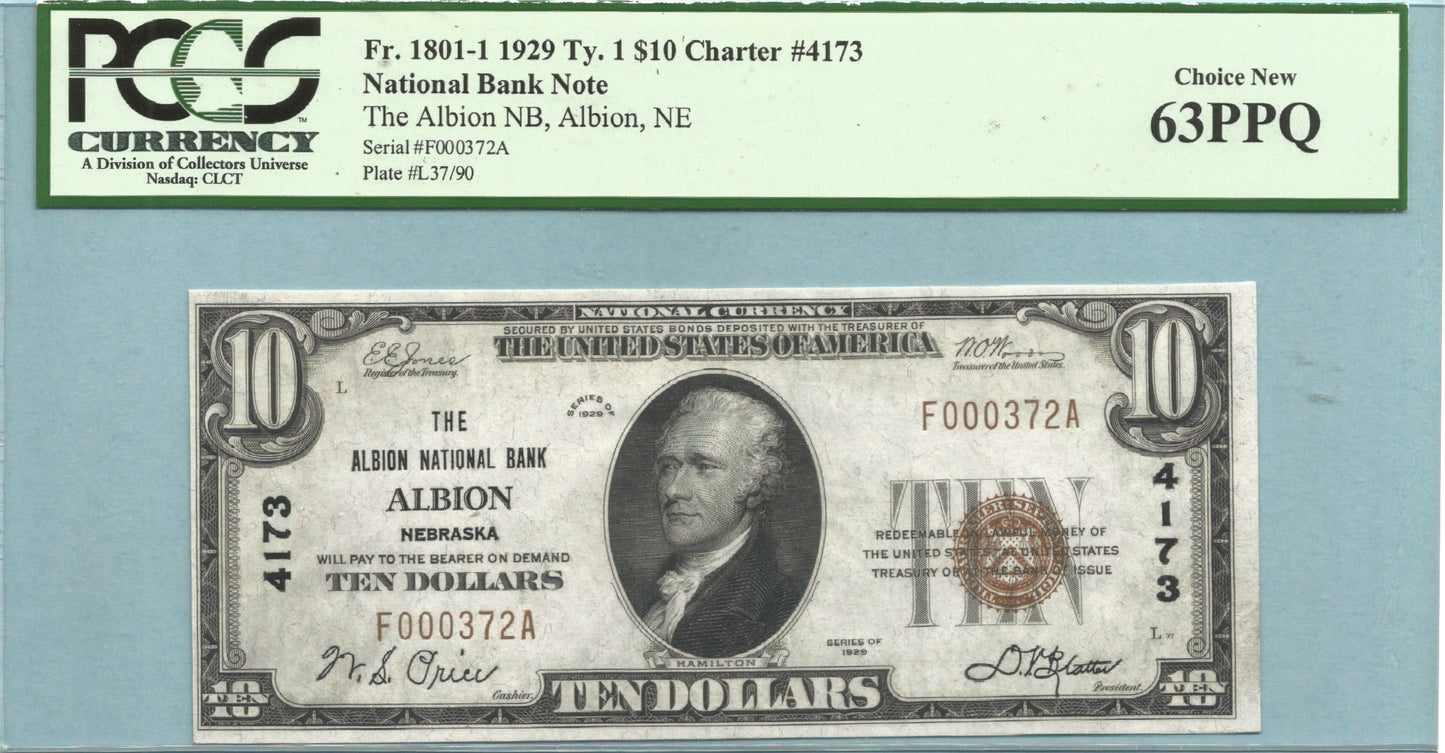 $10 National Currency 1929-T1 - Ch#4173 - Albion NB, Albion, NE - PCGS 63PPQ