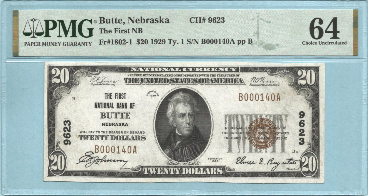 $20 National Currency 1929-T1 - Ch#9623 - 1st National Bank, Butte, NE - PMG 64