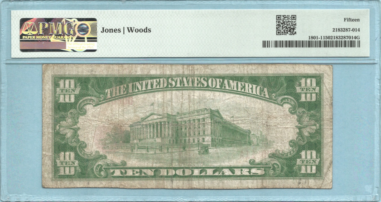 $10 National Currency 1929-T1 - Ch#8031 - 1st NB, Hayes Center, NE - PMG 15