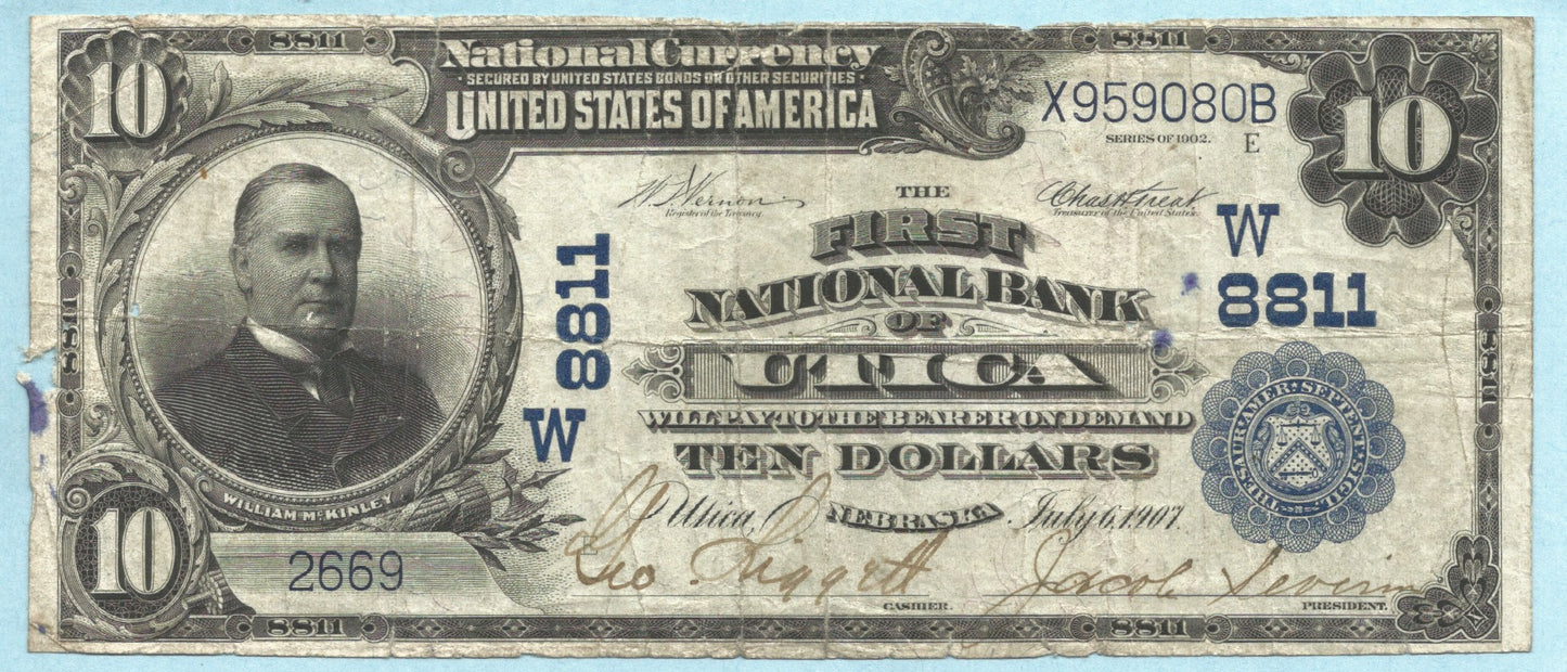 $10 National Currency 1902-PB - Ch#8811 - 1st NB, Utica, NE - VF