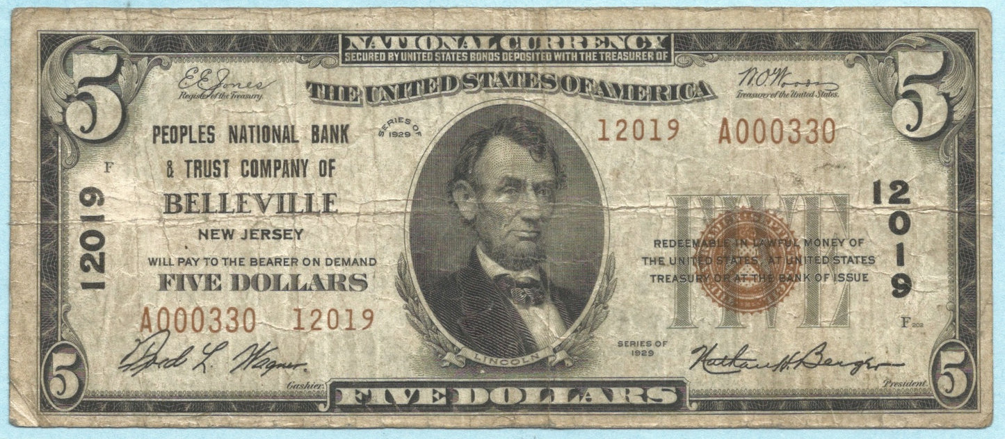 $5 National Currency 1929-T2 Ch#12019 - Peoples NB & TC, Belleville, NJ - F+/VF