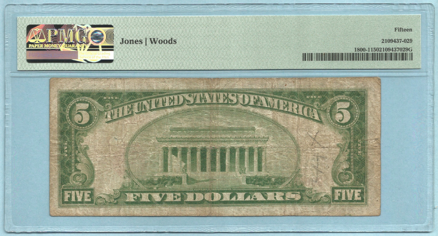 $5 National Currency 1929 T1 Ch#11983 - 1st NB, Clifton, NJ - PMG 15