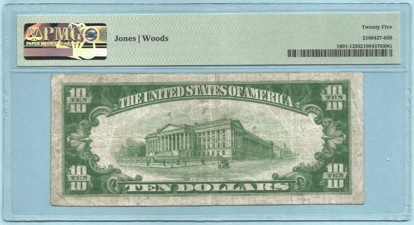 $10 National Currency 1929 T1 Ch#12806 - Liberty NB, Guttenberg, NJ - PMG 25