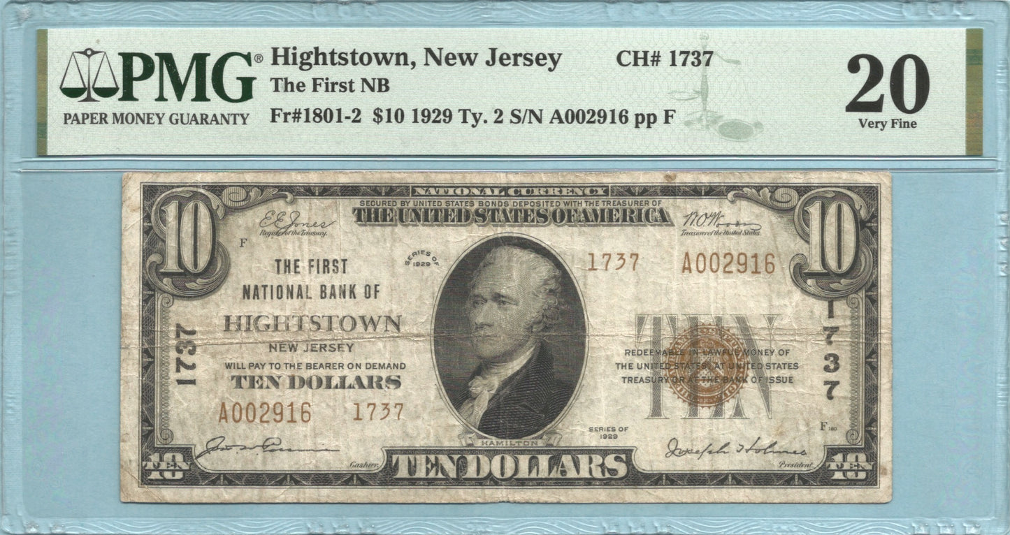 $10 National Currency 1929-T2 - Ch#1737 - 1st NB, Hightstown, NJ - PMG 20