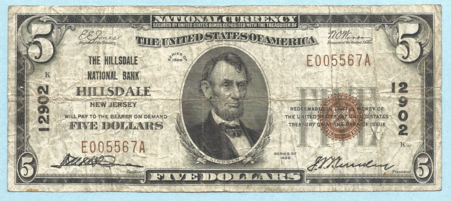 $5 National Currency 1929 - Type 1 - Ch#12902 - Hillsdale NB, Hillsdale, NJ - VF