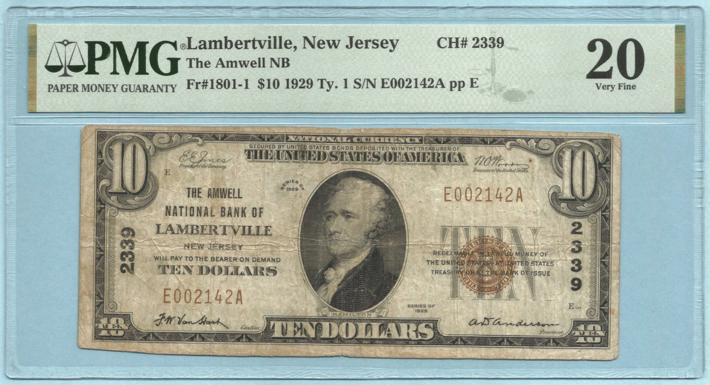 $10 National Currency 1929 T1 Ch#2339 - Amwell NB, Lambertville, NJ - PMG 20