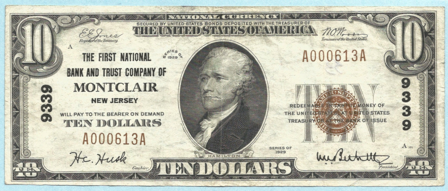 $10 National Currency 1929-T1 - Ch#9339 - 1st NB&TC, Montclair, NJ - VF+/ChVF