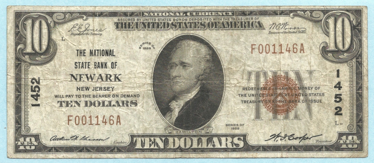 $10 National Currency 1929 T1 - Ch#1452 - National State Bank, Newark, NJ - VF