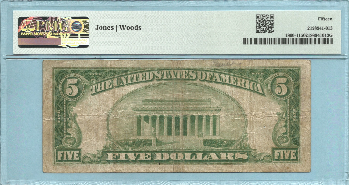 $5 National Currency 1929-T1 Ch#12064 - 1st NB of West New York, NJ - PMG 15
