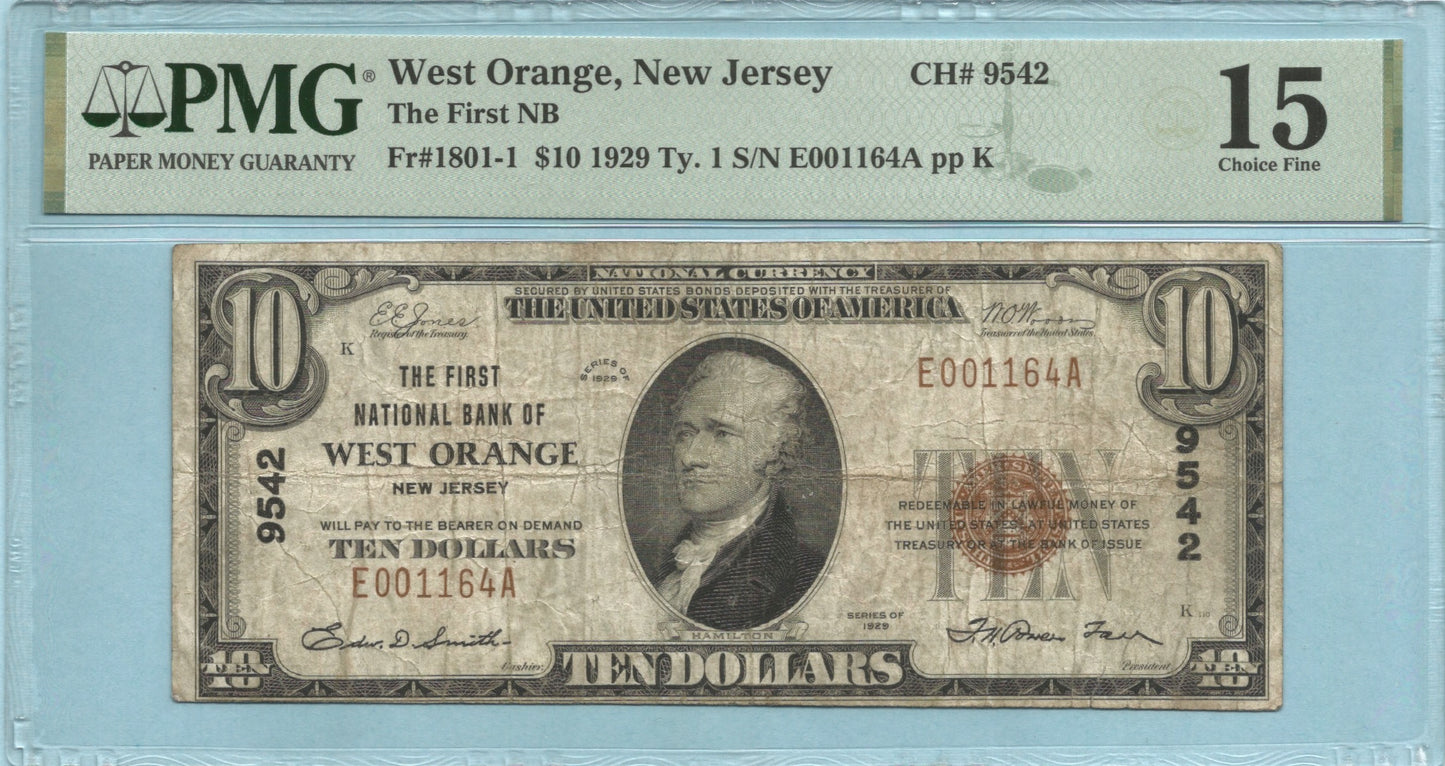 $10 National Currency 1929-T1 - Ch#9542 - 1st NB, West Orange, NJ - PMG 15