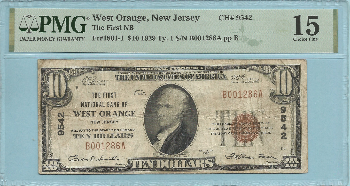 $10 National Currency 1929-T1 - Ch#9542 - 1st NB, West Orange, NJ - PMG 15