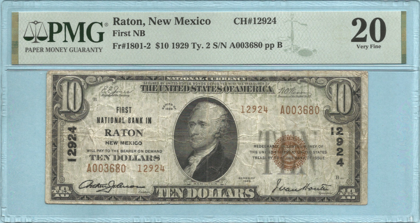 $10 National Currency 1929-T2 - Ch#12924 - 1st National Bank, Raton, NM - PMG 20