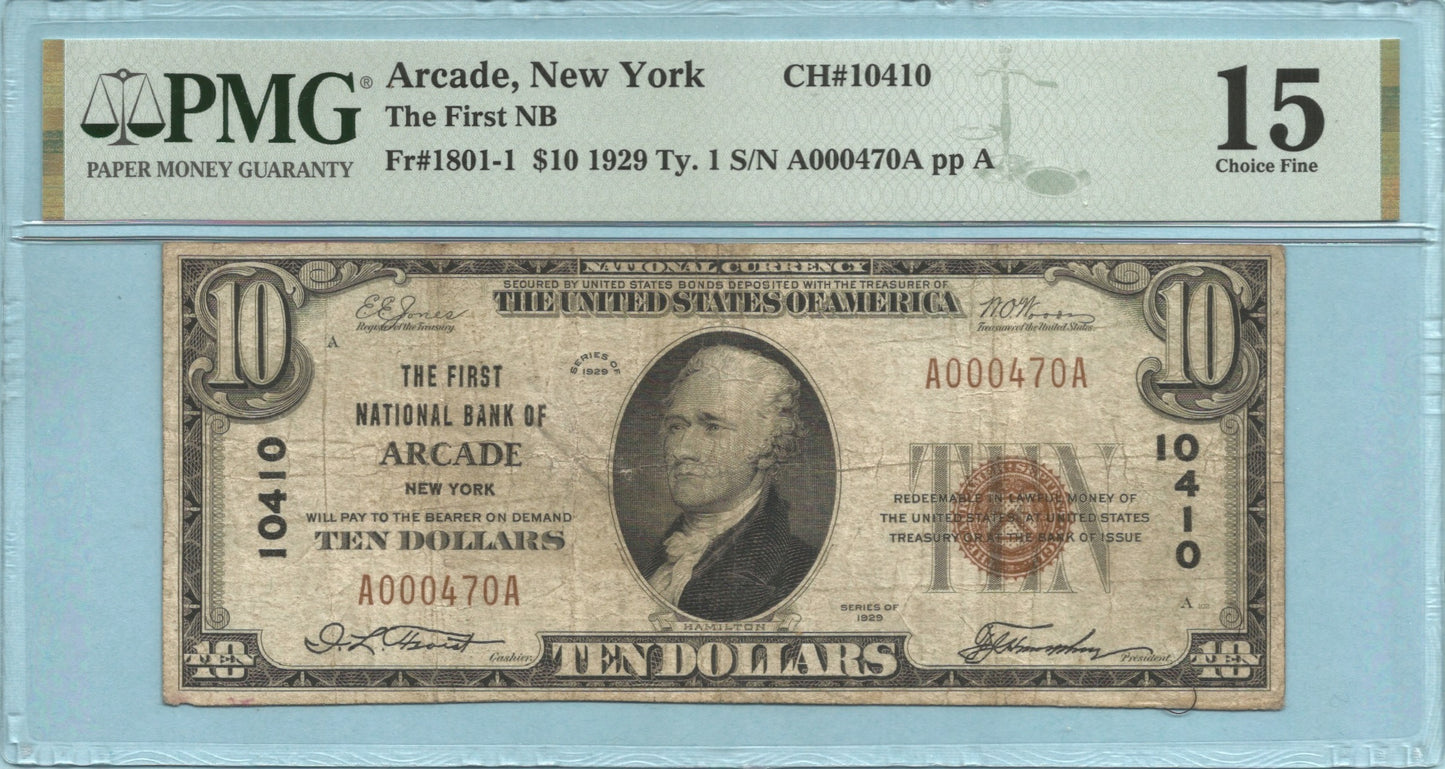 $10 National Currency 1929-T1 - Ch#10410 - 1st National Bank, Arcade, NY - PMG 15