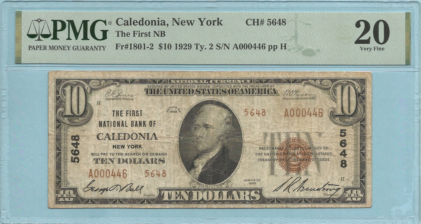 $10 National Currency 1929-T2 - Ch#5648 - 1st NB, Caledonia, NY - PMG 20