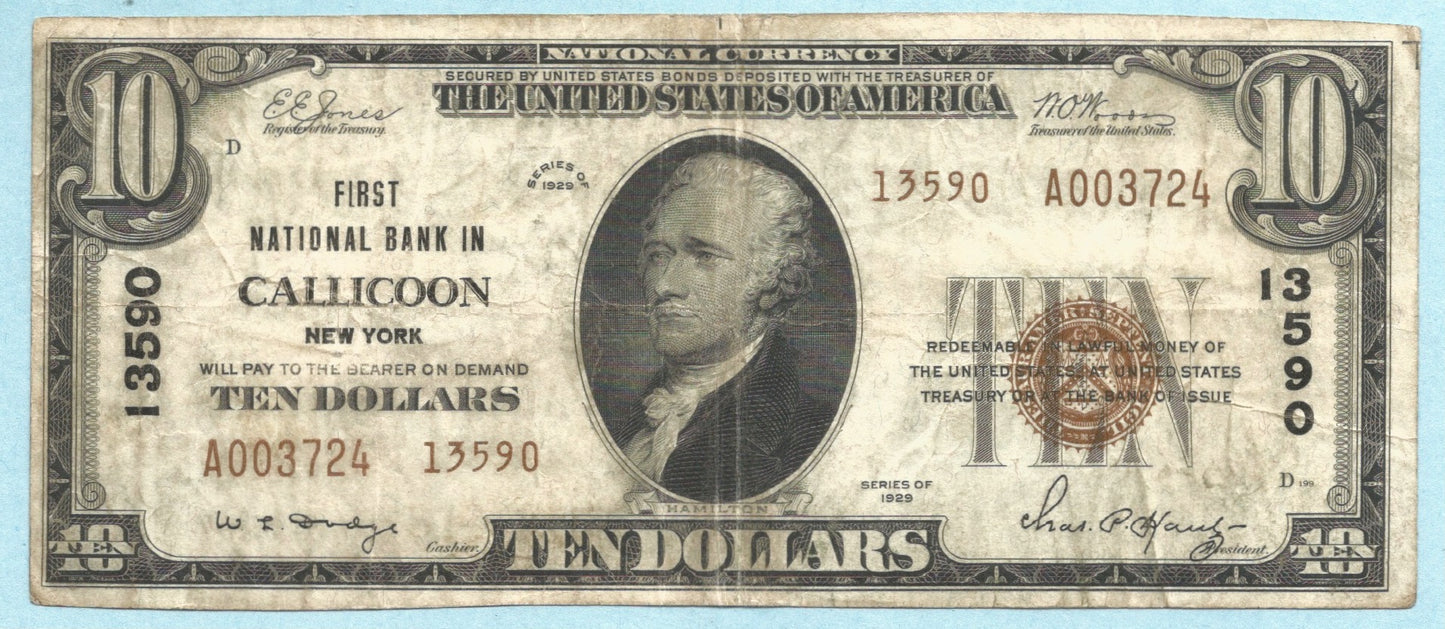 $10 National Currency 1929-T2 - Ch#13590 - 1st NB, Callicoon, NY - VF+