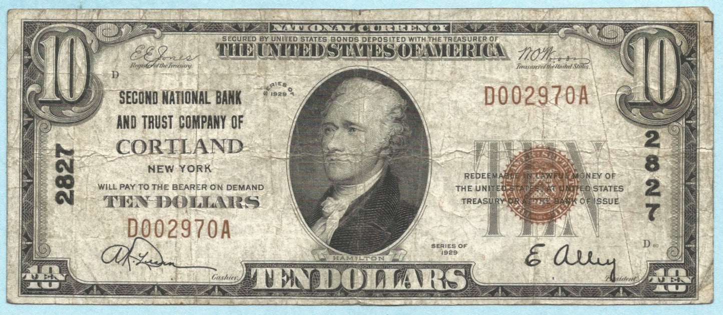 $10 National Currency 1929-T1 - Ch#2827 - 2nd NB & TC, Cortland, NY - VF
